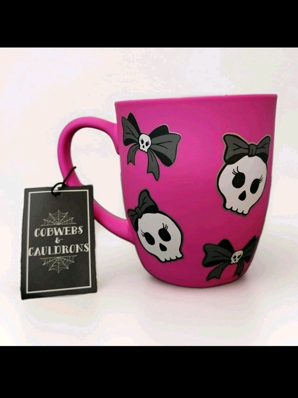 Cobwebs & Cauldrons Pink With Skulls & Bows Soft Touch Finish Halloween Mug